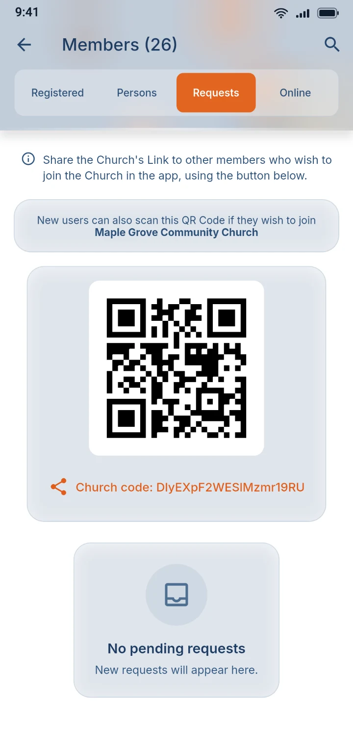 L'application affichant le code QR d'une église et son code de l'église