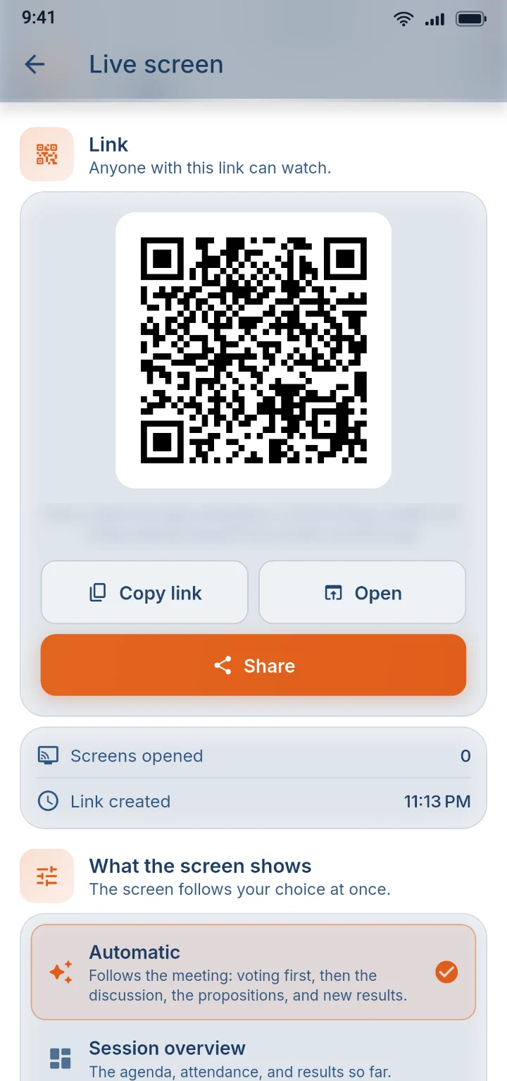 La page Écran en direct dans l'application, avec un code QR et un lien à partager