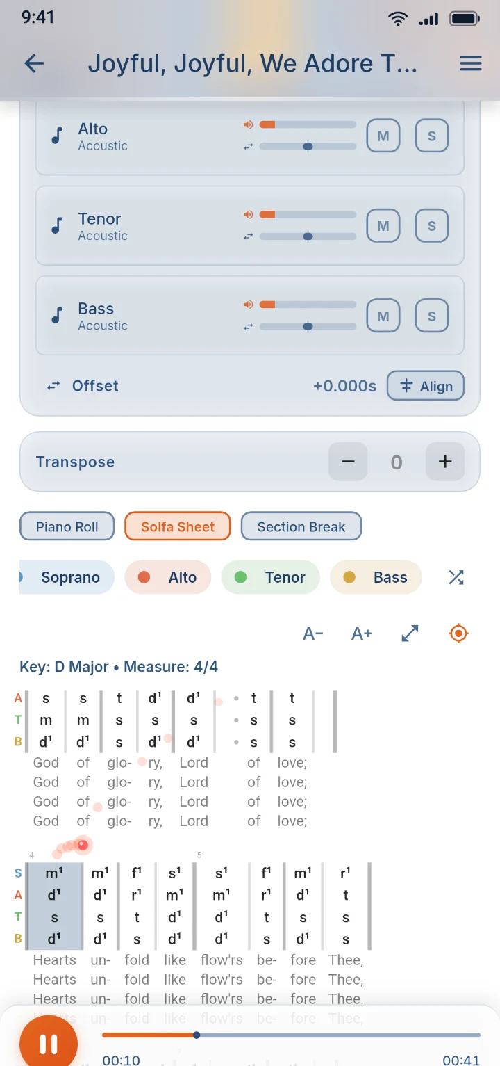 La partition en solfa tonique qui suit la musique, avec la mesure en cours en surbrillance