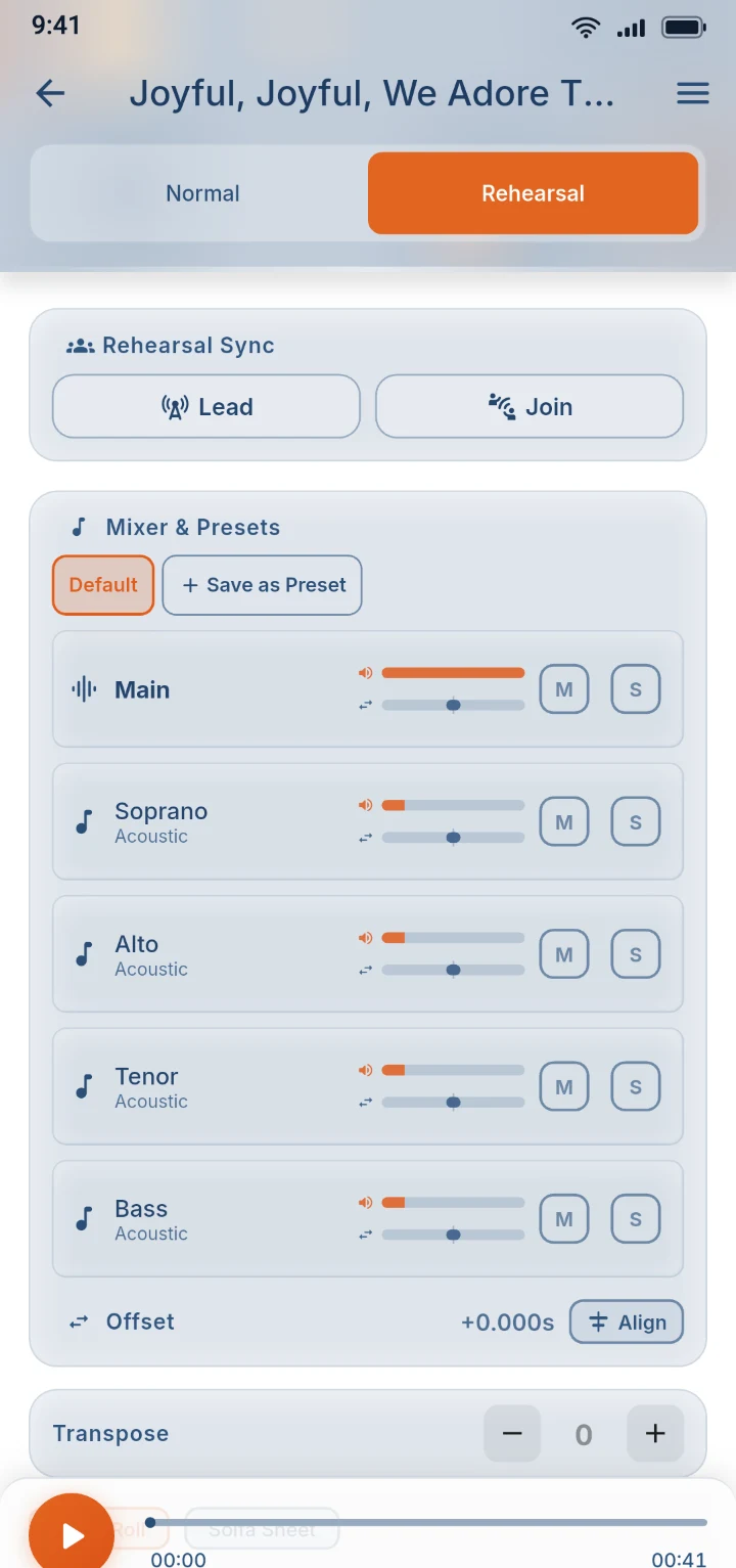 L'onglet Répétition avec Diriger et Rejoindre pour synchroniser les téléphones, et une table de mixage pour chaque voix